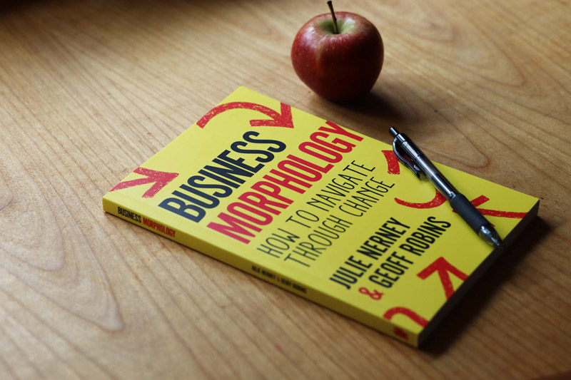 A copy of the book ‘Business Morphology’ sat on a wooden table top with an apple next to it